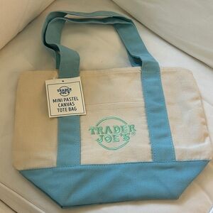 Trader Joe's Blue and Cream Canvas Tote Bag mini pastel blue and green
